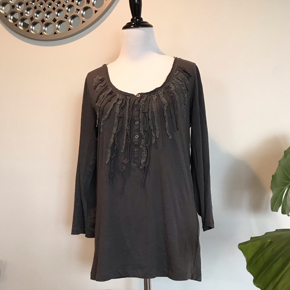 J. Crew Raw Edge Ruffled Henley Medium 3/4 sleeves
